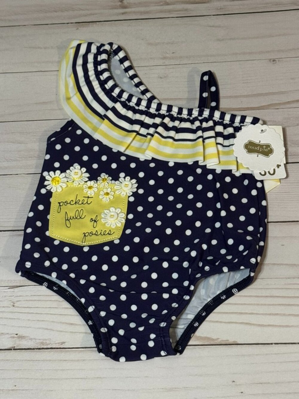 Mud Pie Oopsie Daisy Navy Yellow Polka Dot Swimsuit, 6-9 Months